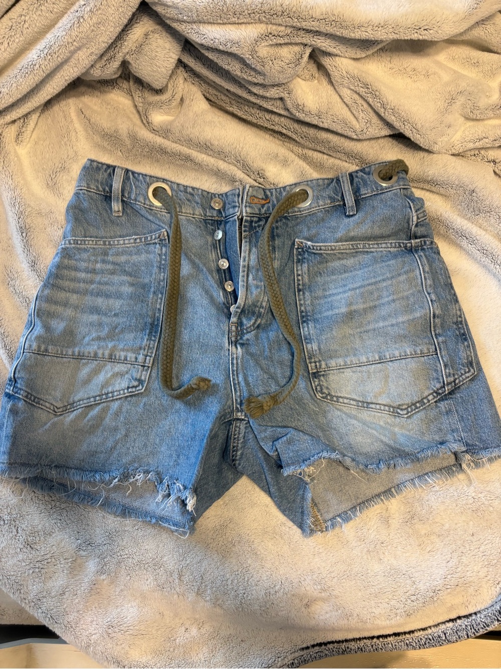 We The Free Mozie Light Blue Distressed Denim Shorts with Drawstring